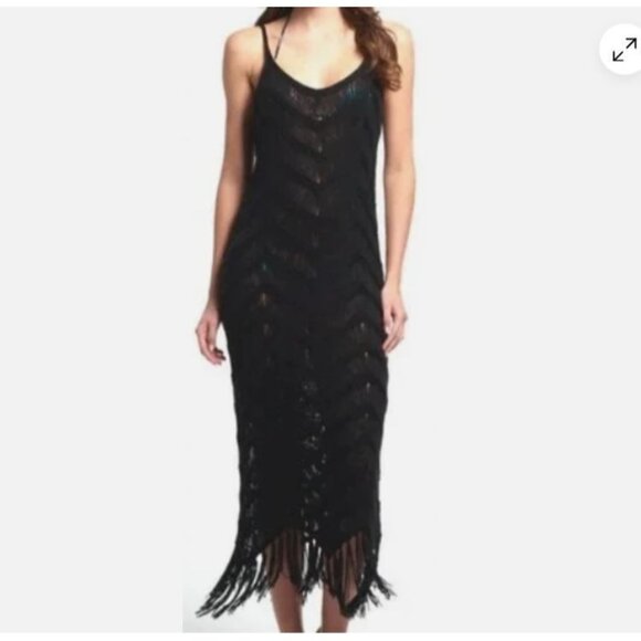 525 Fringe Dress Black XS S Open Knit Crochet Tassel Hem See-Through whimsigoth - Picture 1 of 16